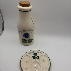 Country Cottage Decor-Blue flowered ceramic Spoon Rest & matching Money Jug.